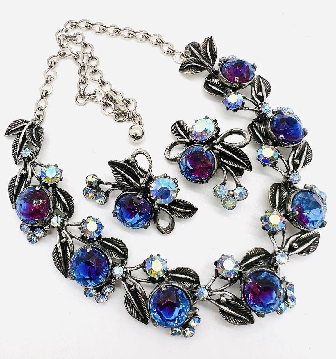 FLORENZA Blue Purple Vitrail Rhinestone Necklace Earrings Signed Vintage Jewelry