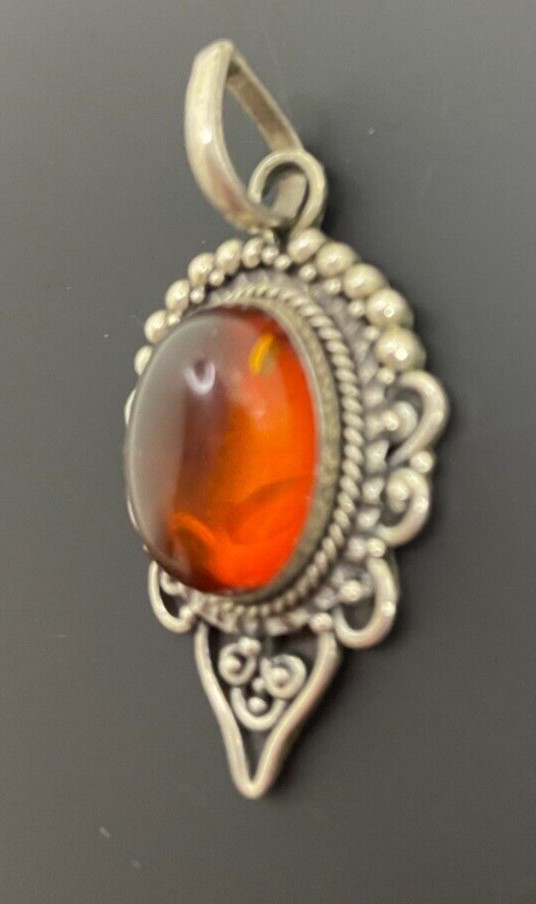 Vintage .925 Silver Necklace Pendant Only With Amber Stone