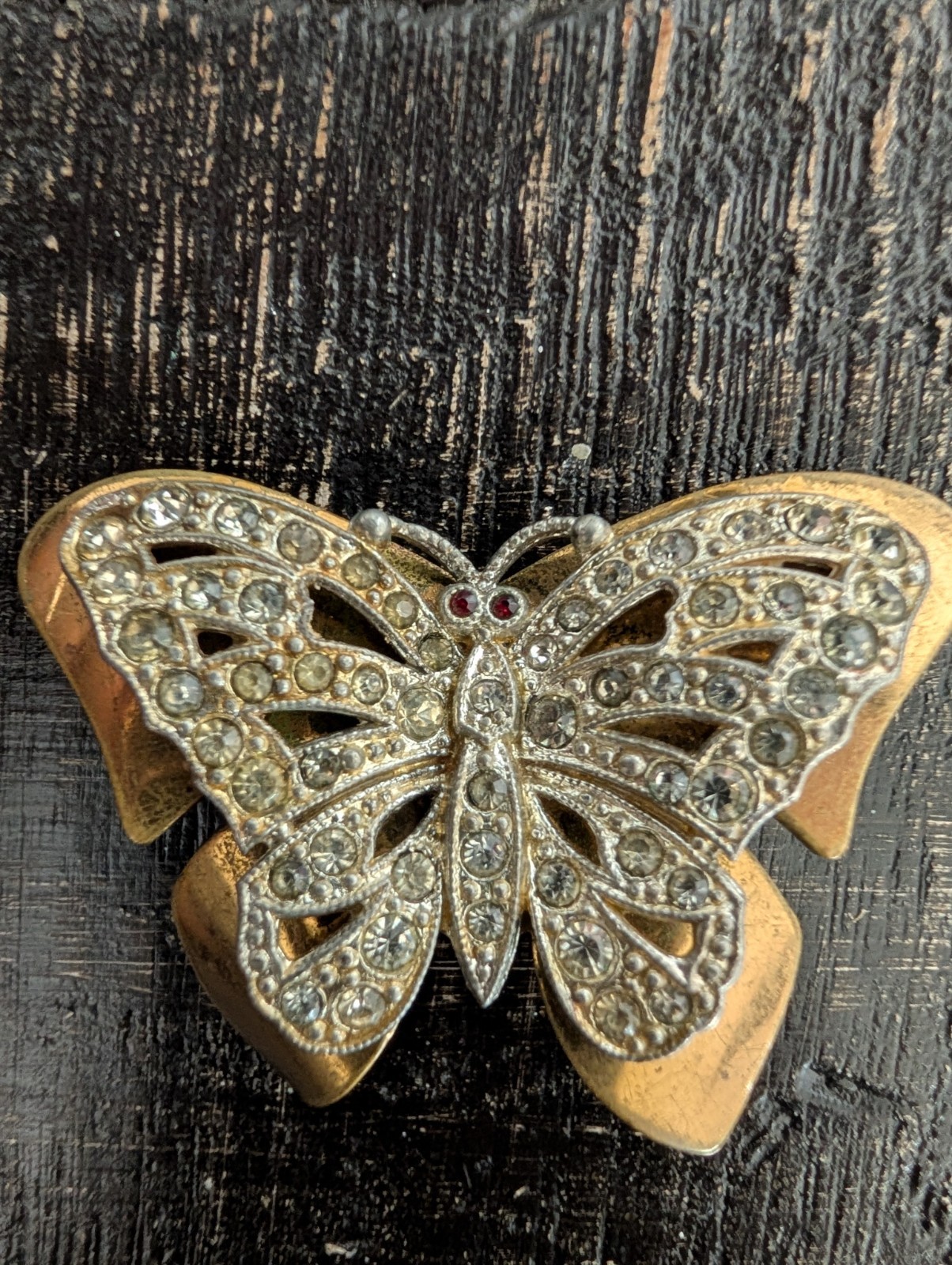 Unsigned Vintage Antique Art Deco Rhinestone Pave Butterfly Moth Layered Brooch