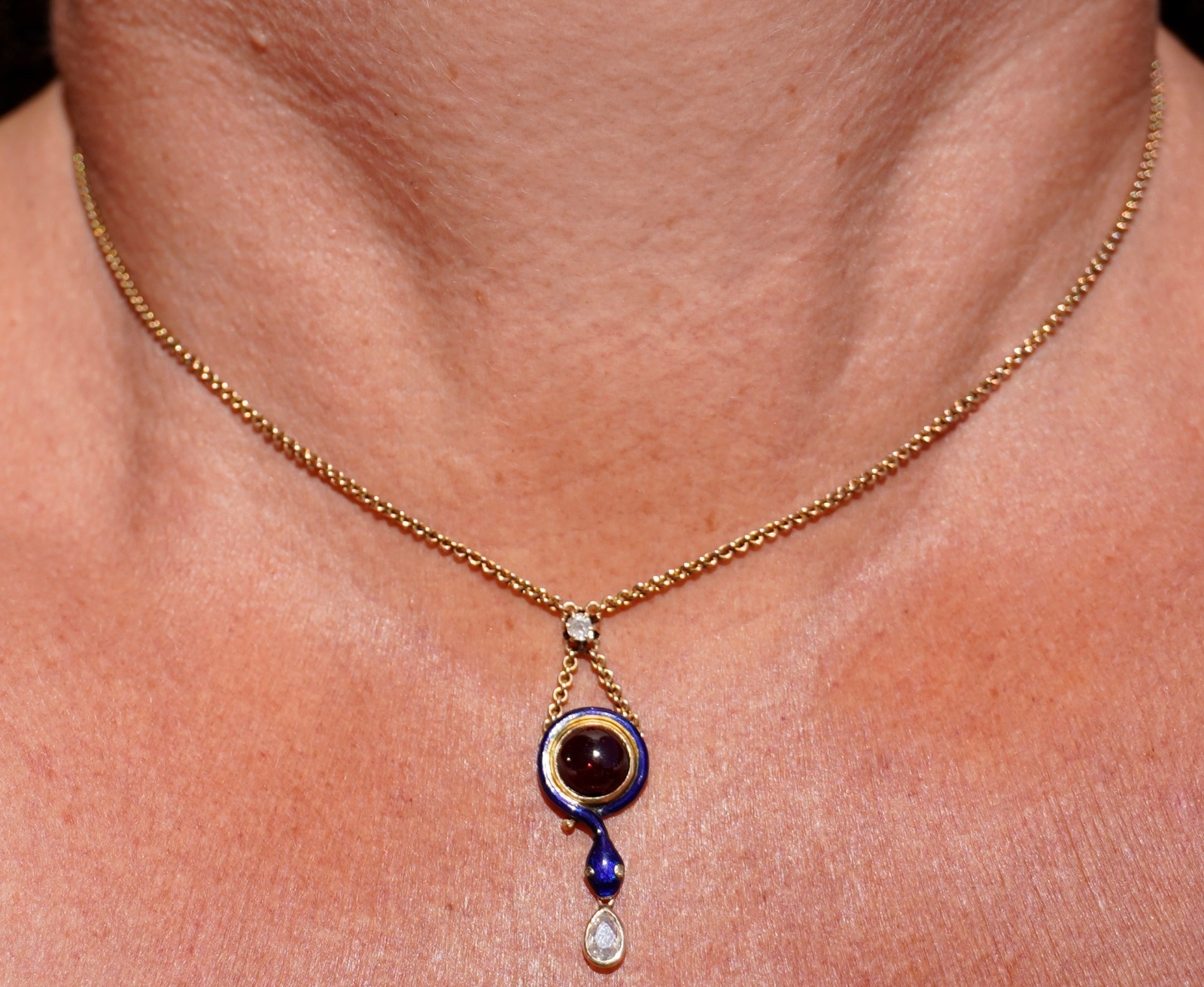 Antique 14K Enamel Snake With Diamonds & Garnet Necklace