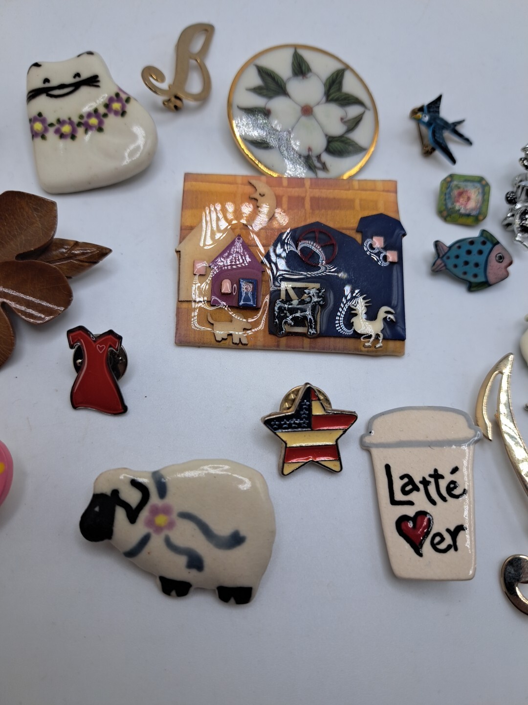 Vtg Lot (17) Pins Lapels Funky Eccentric Cat Flower Dog Handmade Latte Animals