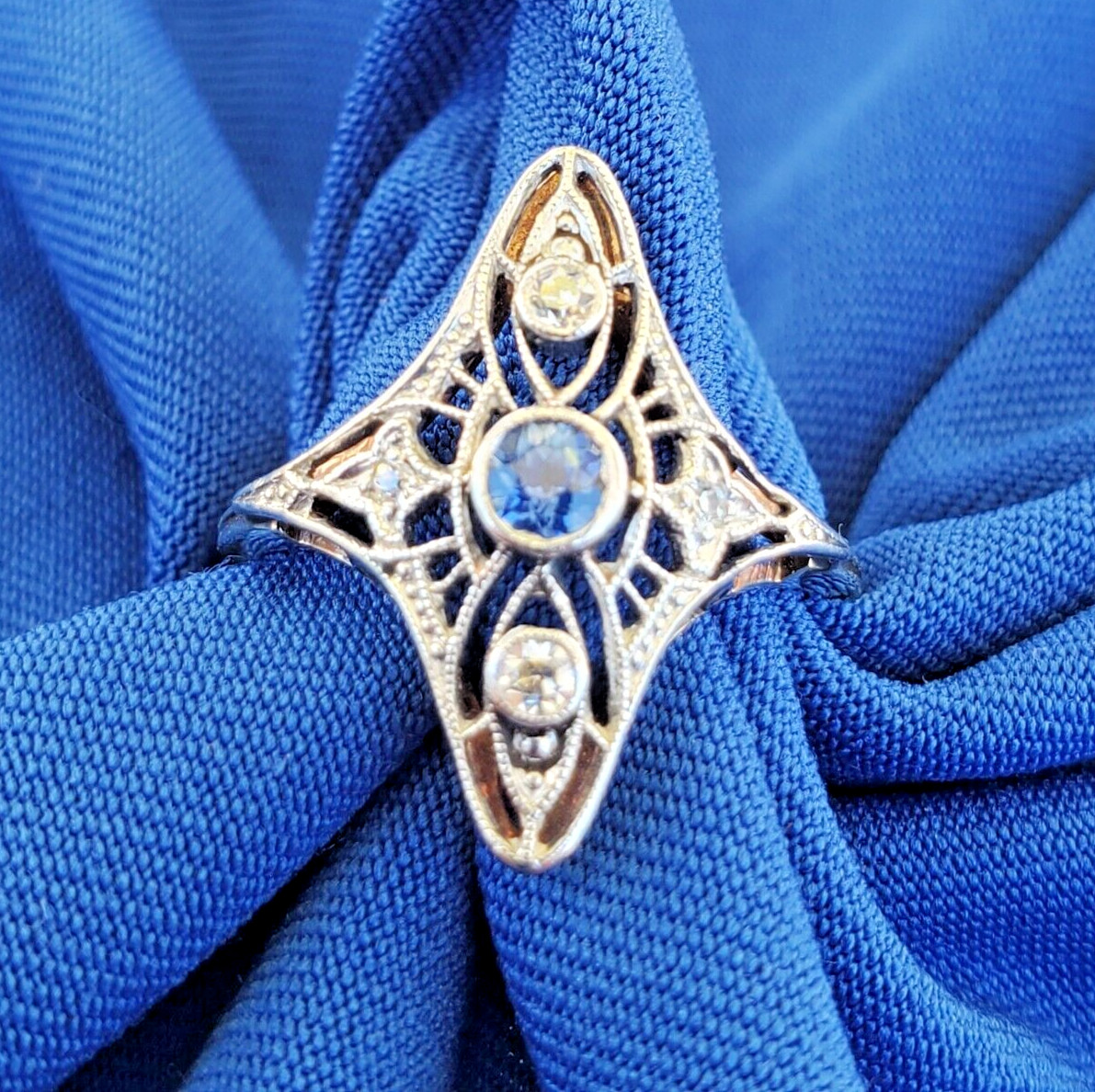 Original EARTH MINED SAPPHIRE DIAMOND Engagement Ring Antique Deco 14K GOLD S 5