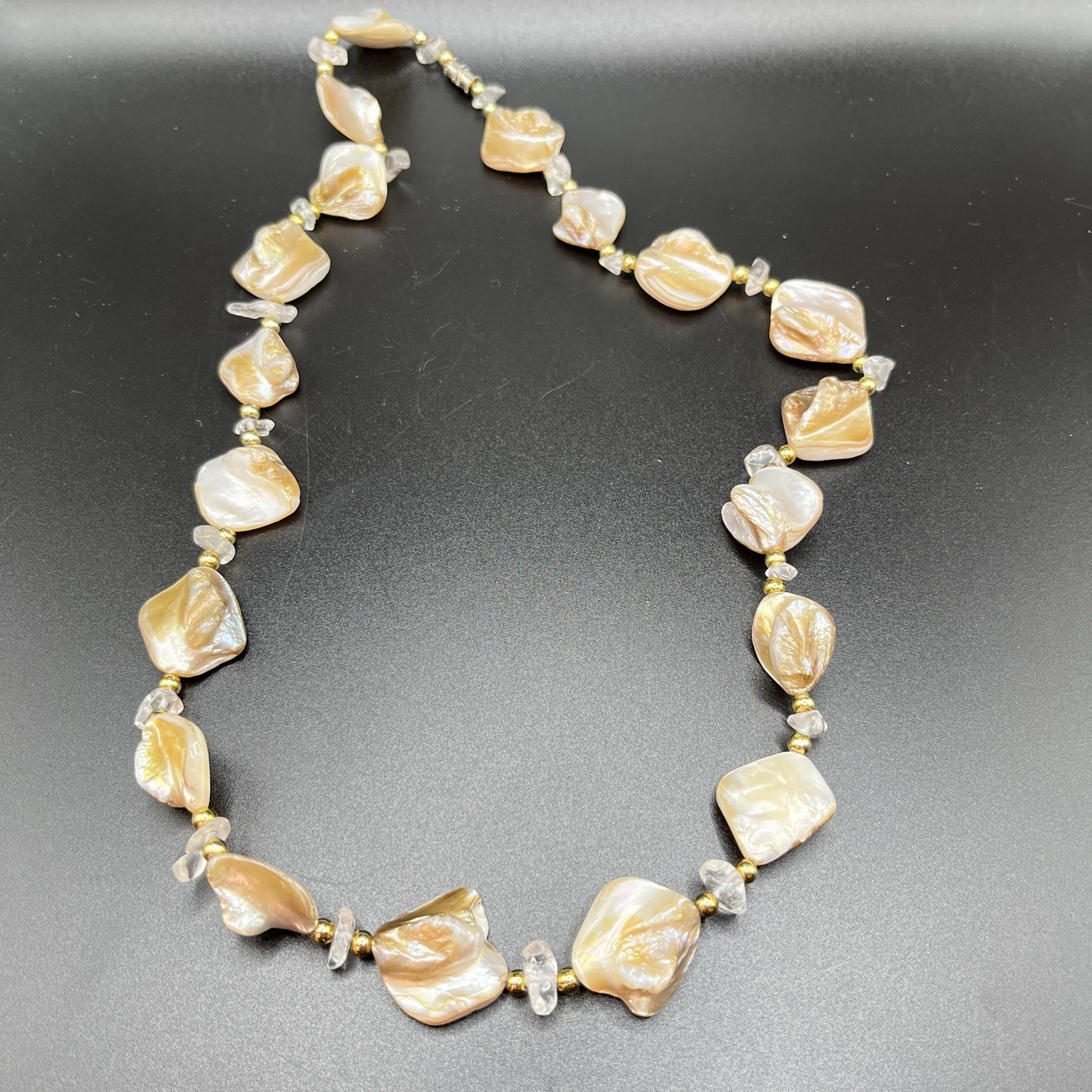 Vintage Beaded Shell Mother of Pearl Necklace Peach Cream Beige Pearlescent 19”