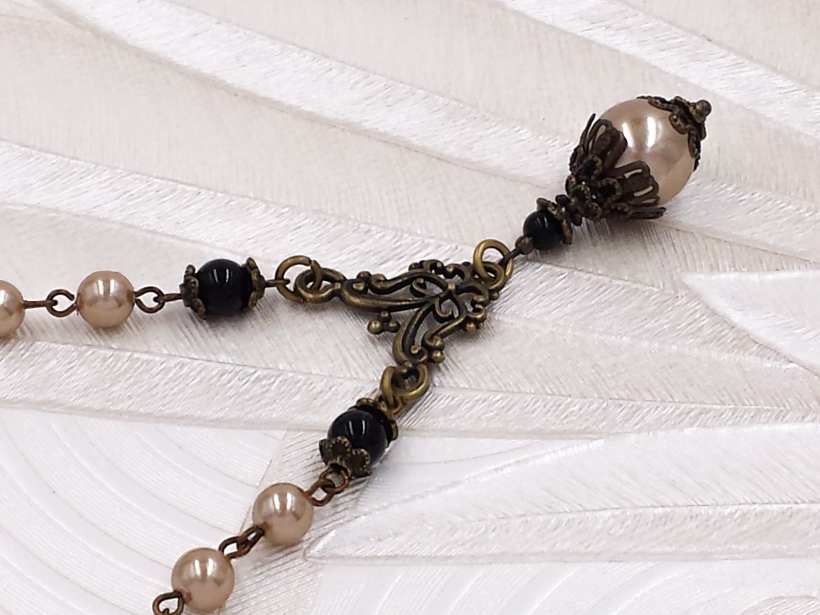 Art Nouveau Necklace Champagne Gold Crystal Pearl Black Bead Victorian Jewelry
