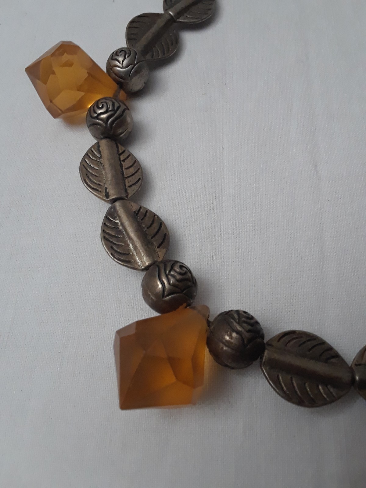 Vintage Handmade Silver Tone Chocker Necklace with Amber Beads 10 in