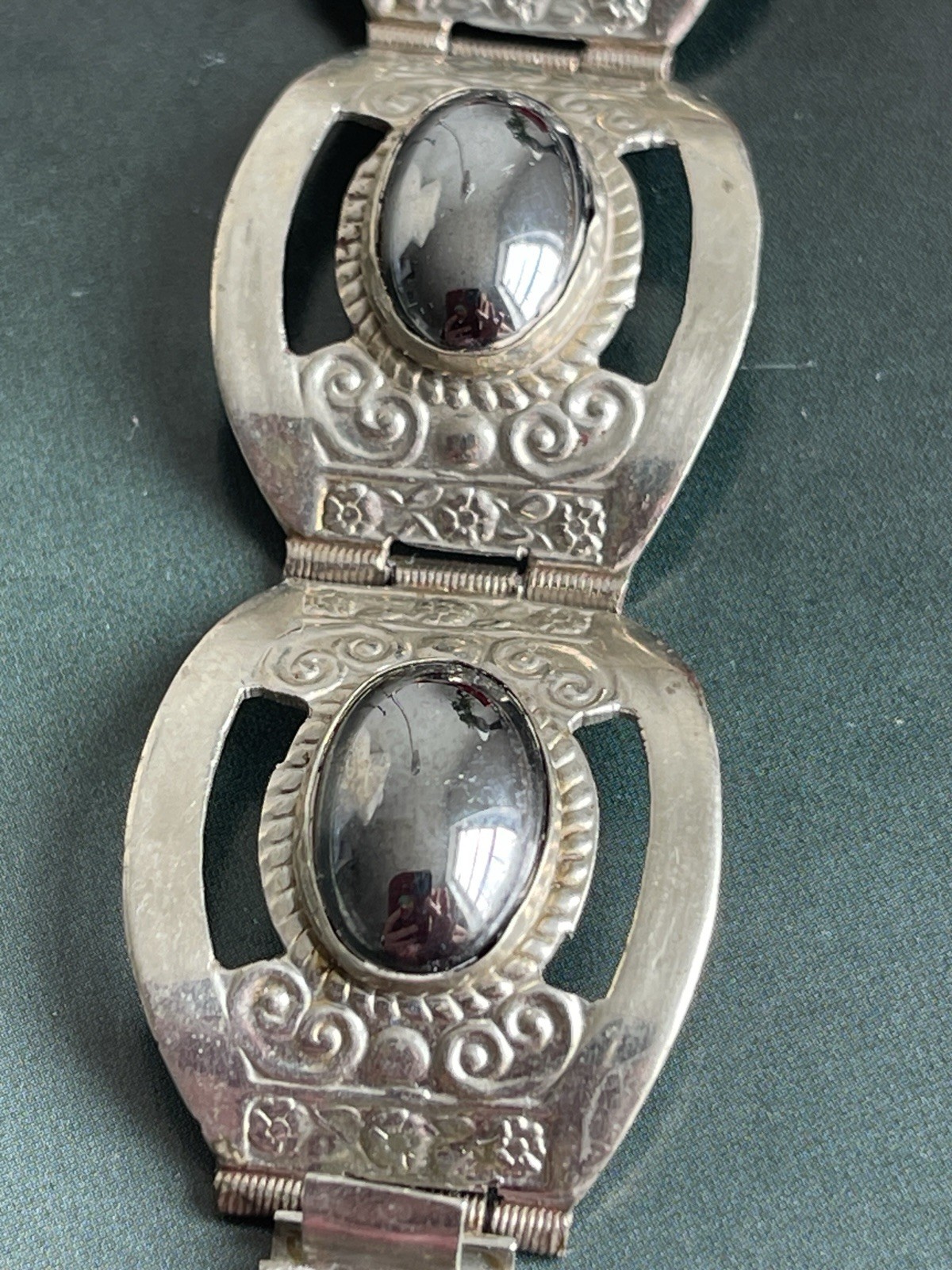 Vintage Taxco Mexico Sterling Silver Black Onyx Panel Bracelet