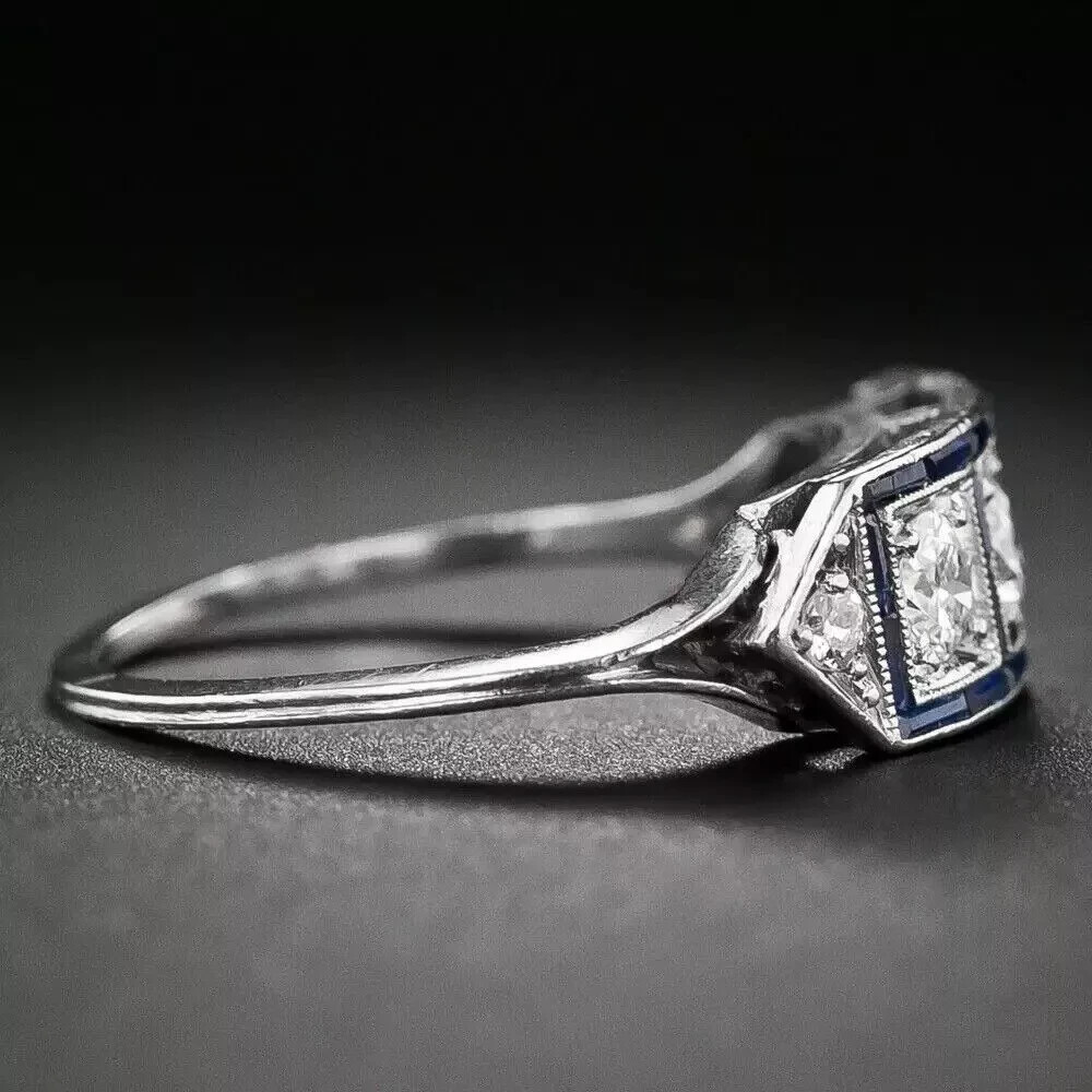 Art Deco Lab Created Diamond Sapphire Three-Stone 14K White Gold FN Wedding Ring