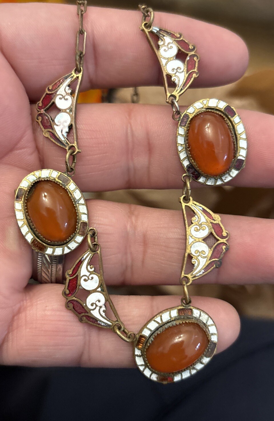 Vintage Czech Brass Gold Tone Carnelian? Cabochon Necklace Enamel