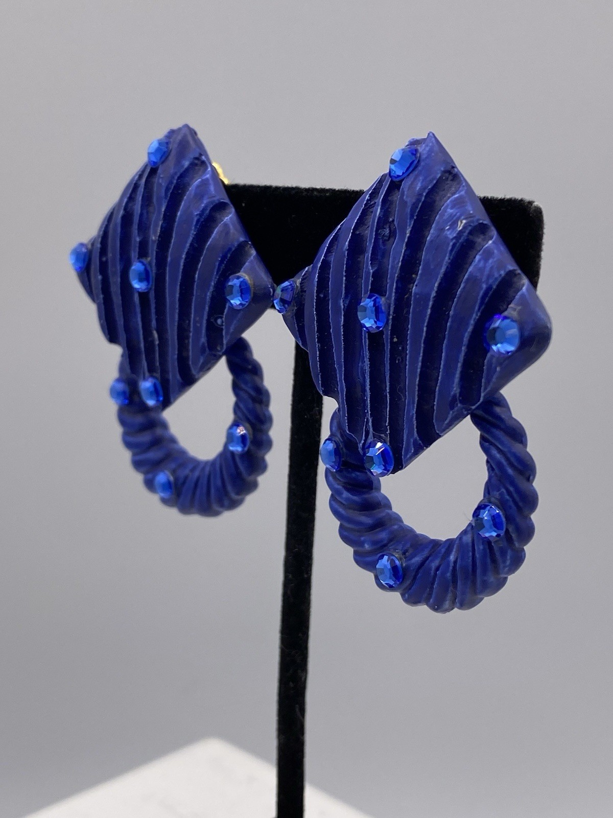 Jeff Lieb Signed Blue Rhinestones Clip On Earrings Squares W/ Detachable Circles