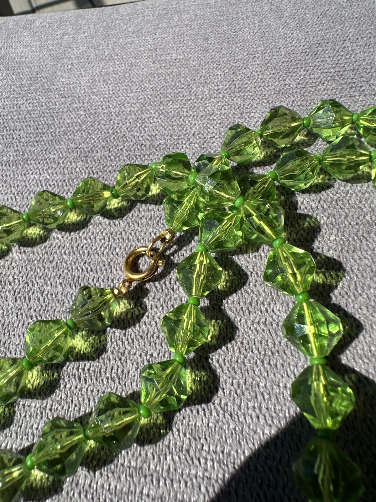 Vintage Long Peridot‑Tone Faceted Glass Bead Necklace • Mid‑Century Green