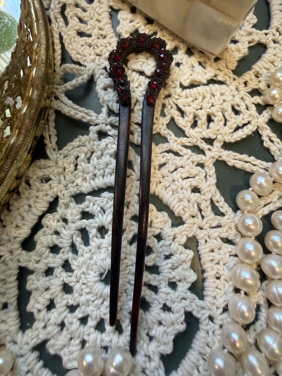 Victorian Hair Ornament Comb Red Garnet Tortoise Shell Pick. Estate Jewelry. Vtg