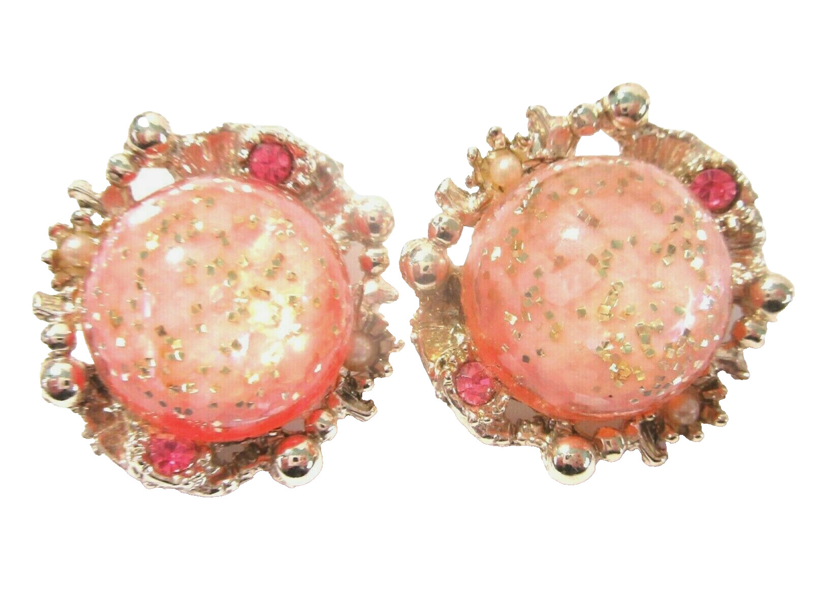 WHITE LIGHT PINK CONFETTI CLIP ON EARRINGS FANCY SETTING LARGE GOLD TONE