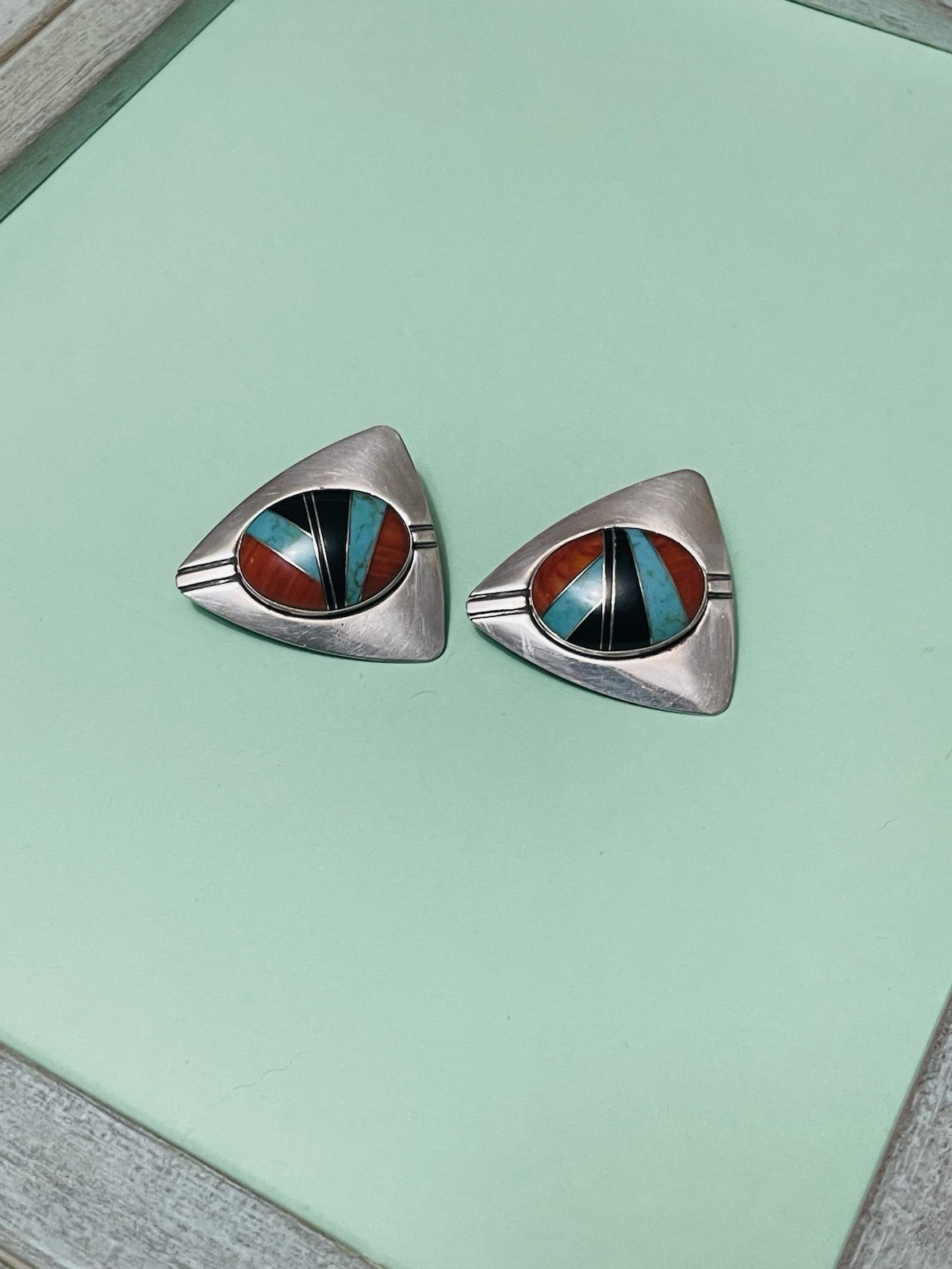 N/A? Zuni Style Mosiac Sterling Silver Earrings Clip-on Large Vintage/Retro 20g