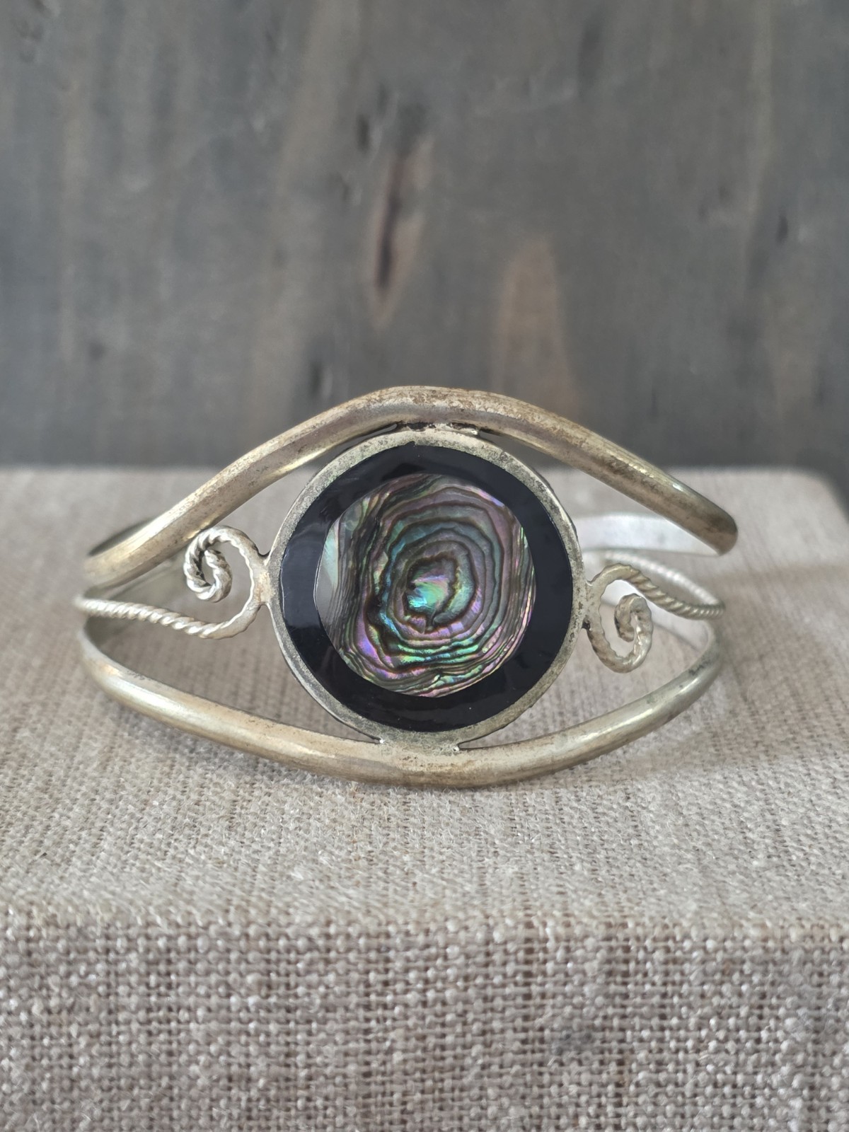 Alpaca Mexico Abalone Open Cuff Bangle Bracelet Silver Tone Vintage