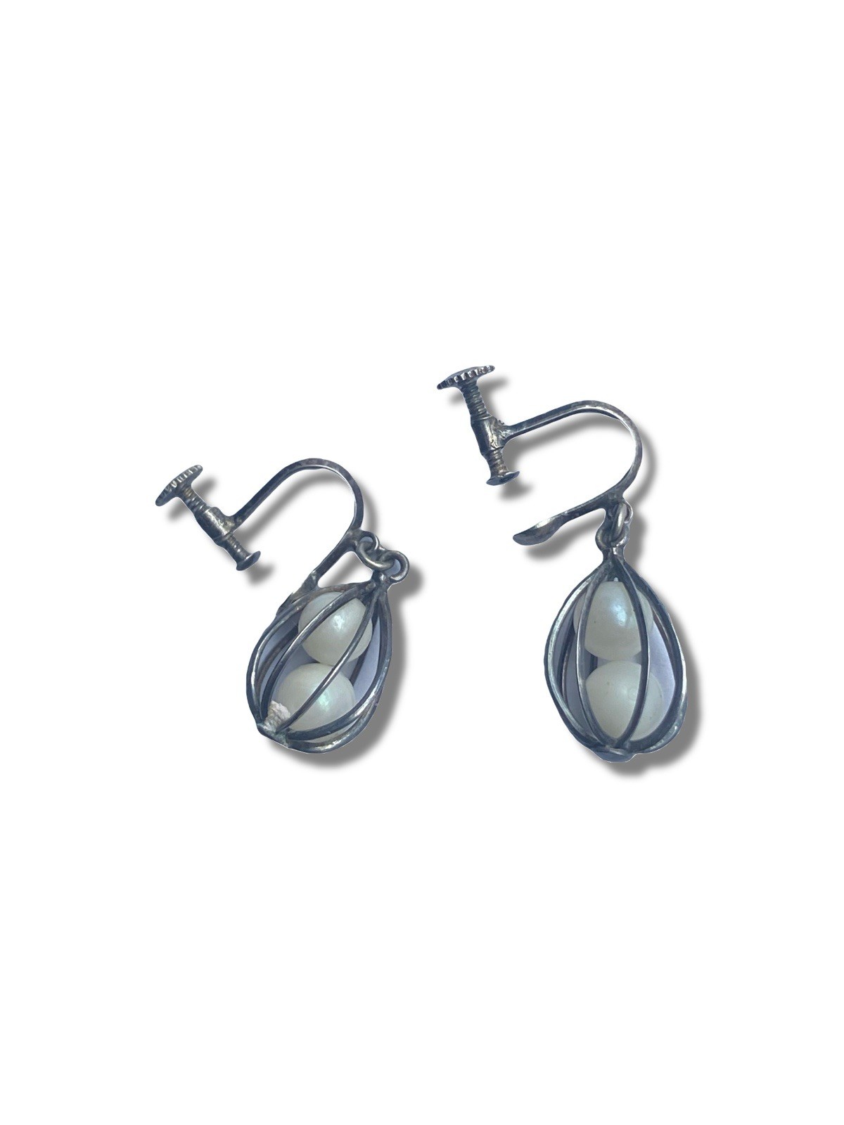 Vintage Japanese Cultured Pearl Caged Earrings Dangle Screwback Sterling Silver