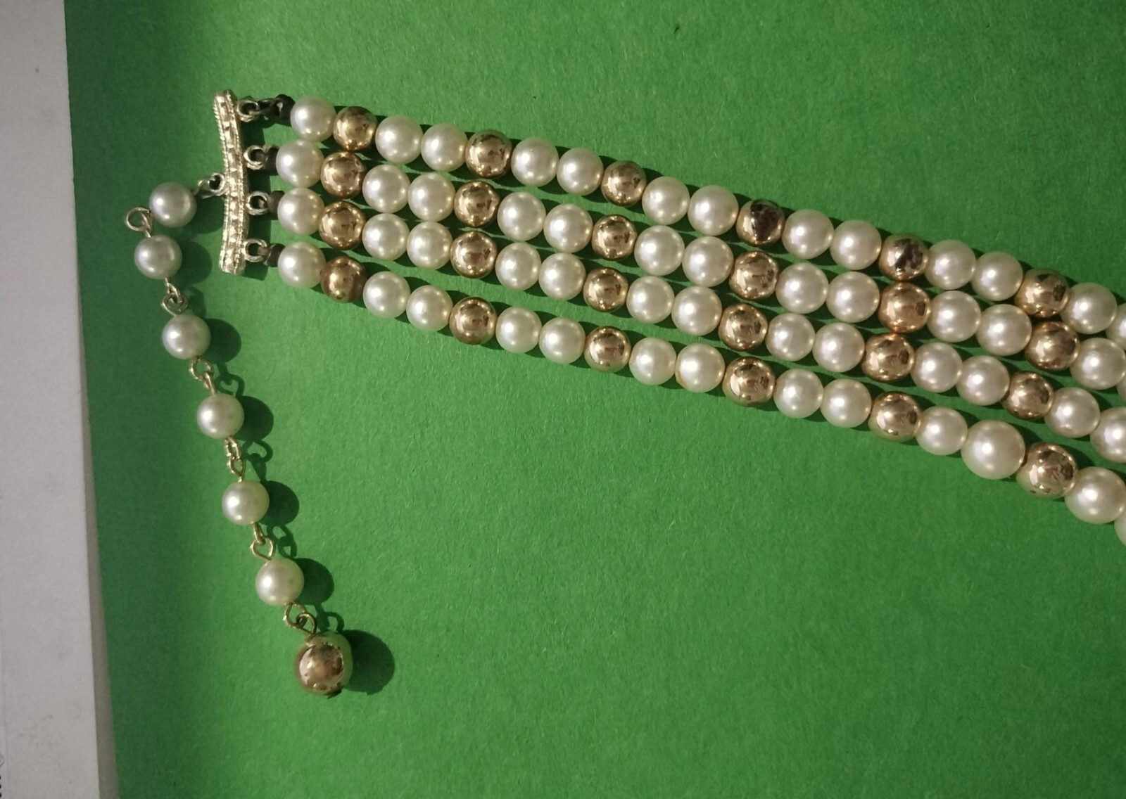 Vintage Multi Strand Faux Pearl Necklace White Gold Tone Decorative Hook Clasp 1