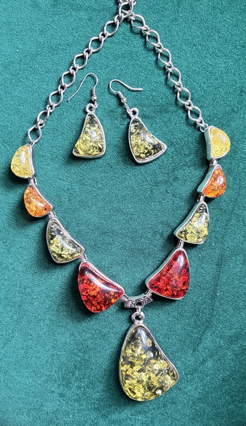 Vintage Necklace & Earrings FAUX Amber Multiple Colors With inclusions