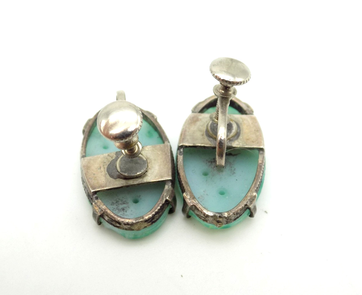 Vintage Art Deco Faux Jade Molded Glass Screwback Earrings Peking Dragon