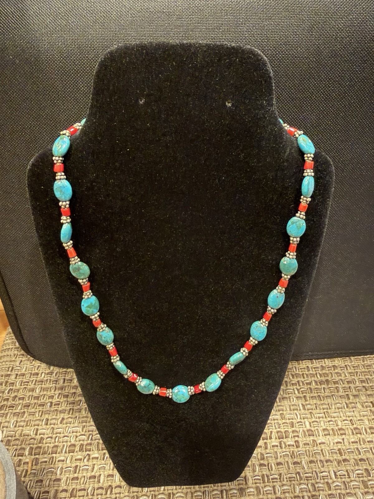 Vintage Turquoise And Natural Blood Red Coral & Pewter Silver 925 Clasp 16”