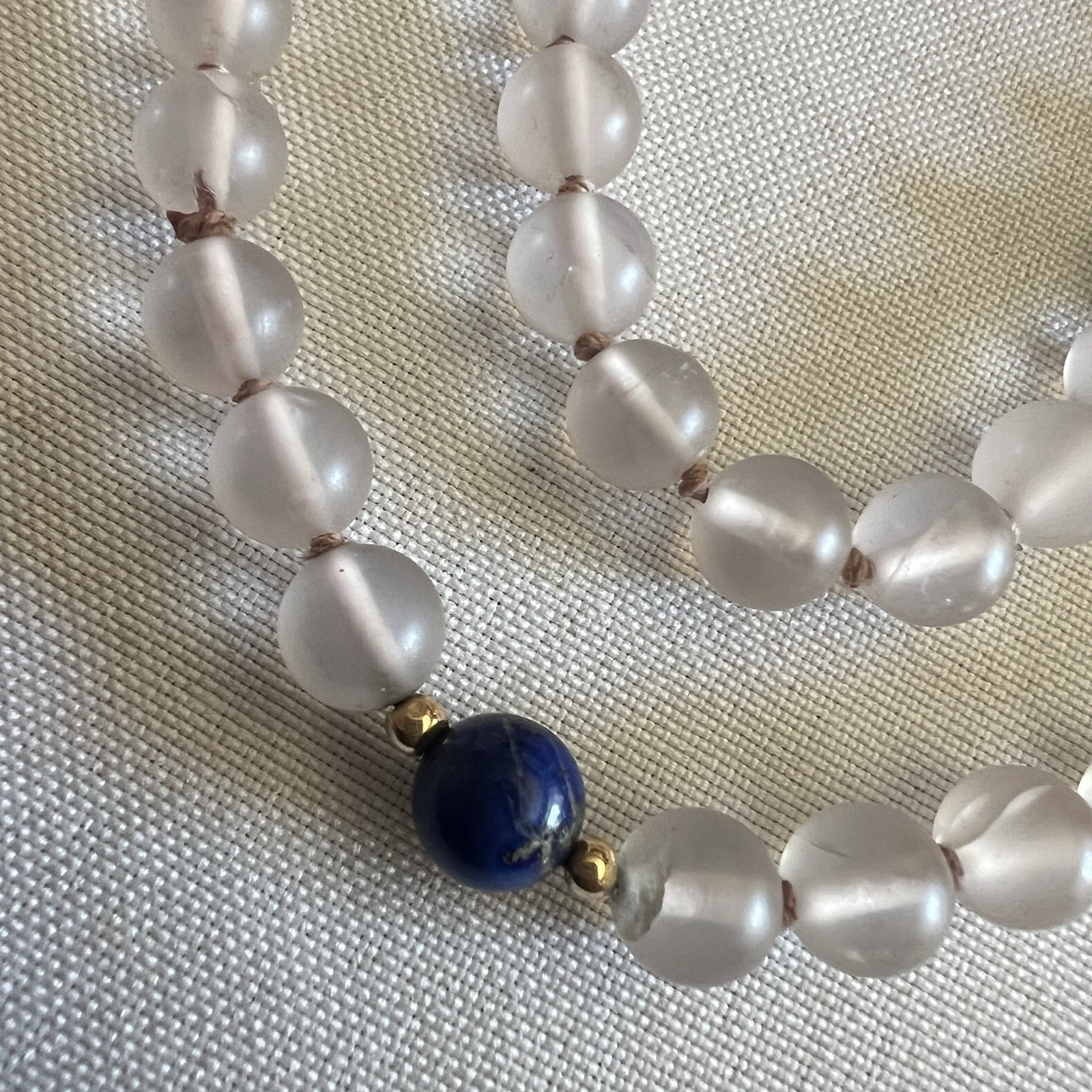 Vintage Frosted Rose Quartz Lapis Lazuli 27″ Beaded Necklace Gold Accent Spacers