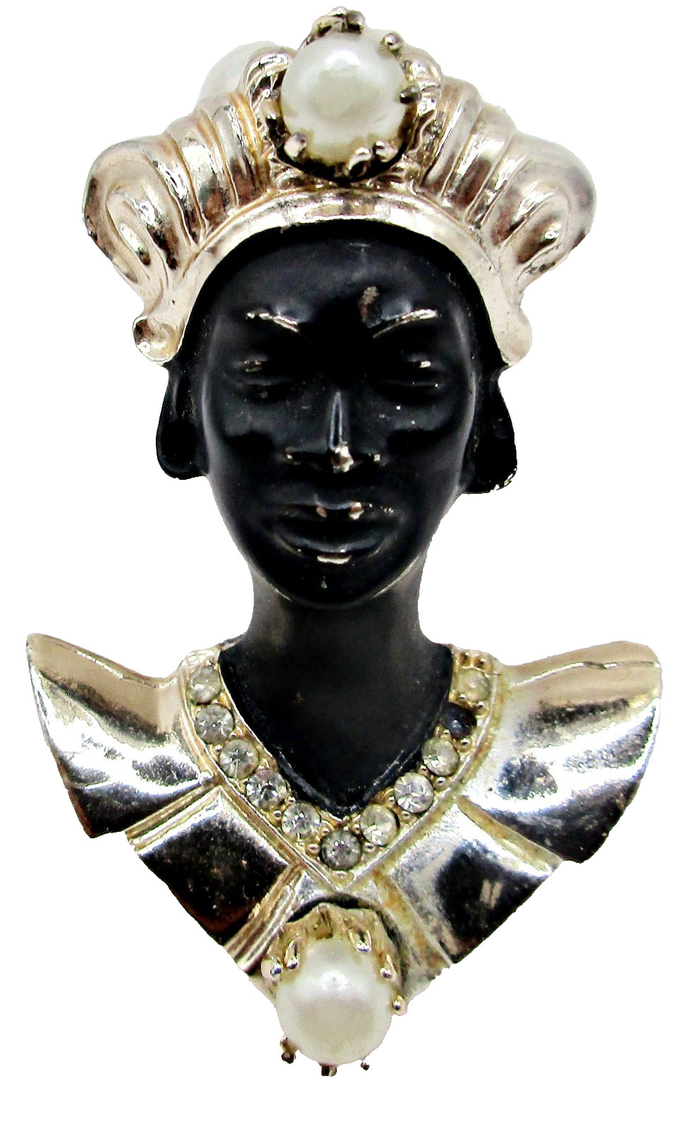Vintage BLACKAMOOR Nubian African Princess Gold-tone Pearls BROOCH Pin 50’s
