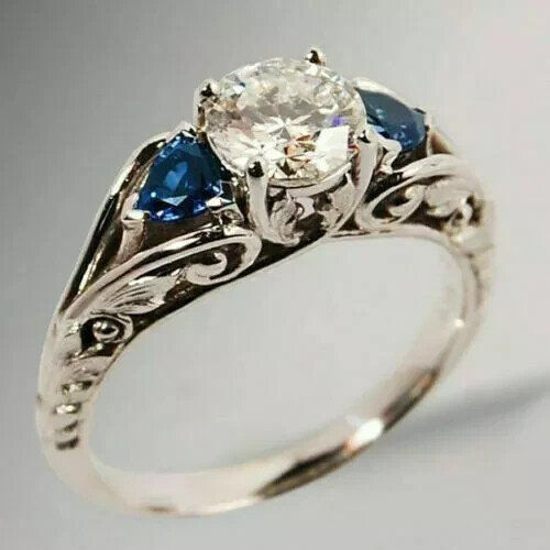 Antique Art Deco Lab Created Diamond & Sapphire 14K White Gold FN Wedding Ring