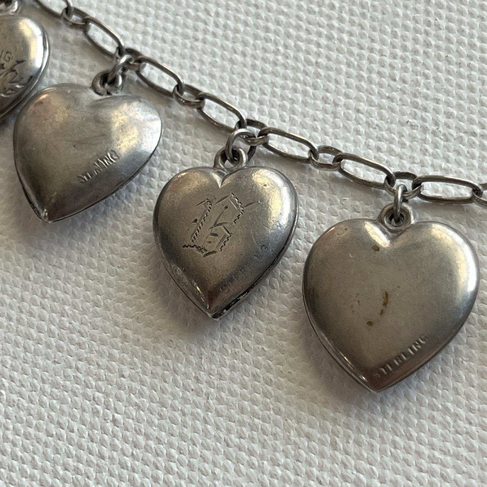 Vintage WW2 Puffy Hearts Necklace Forget Me Not GREAT SEAL Patriotic Military