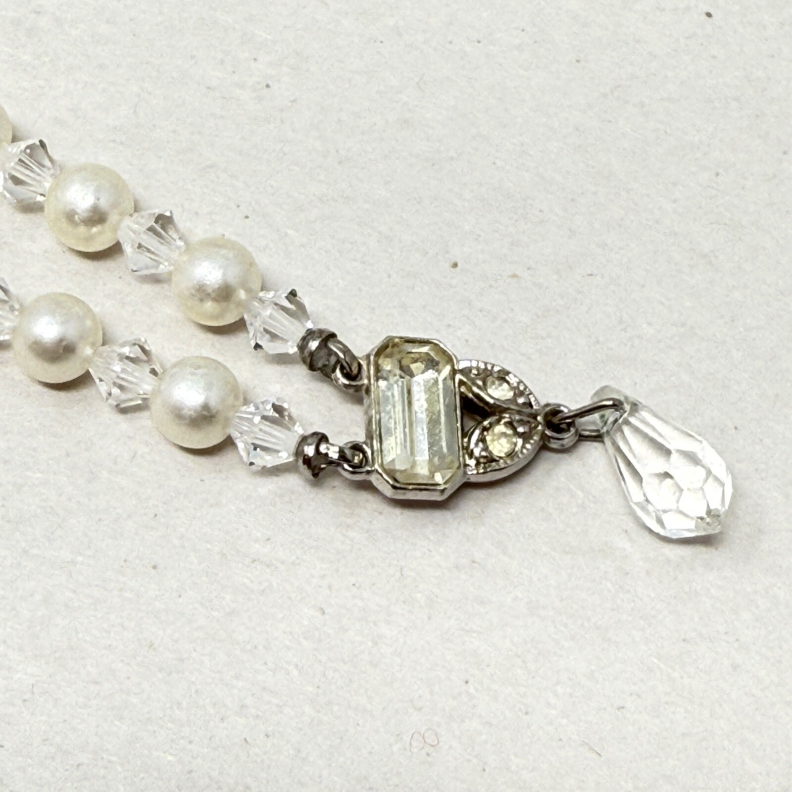 Vintage Faceted Crystal Bead Necklace Faux Pearl Silver-Tone Classic Elegant