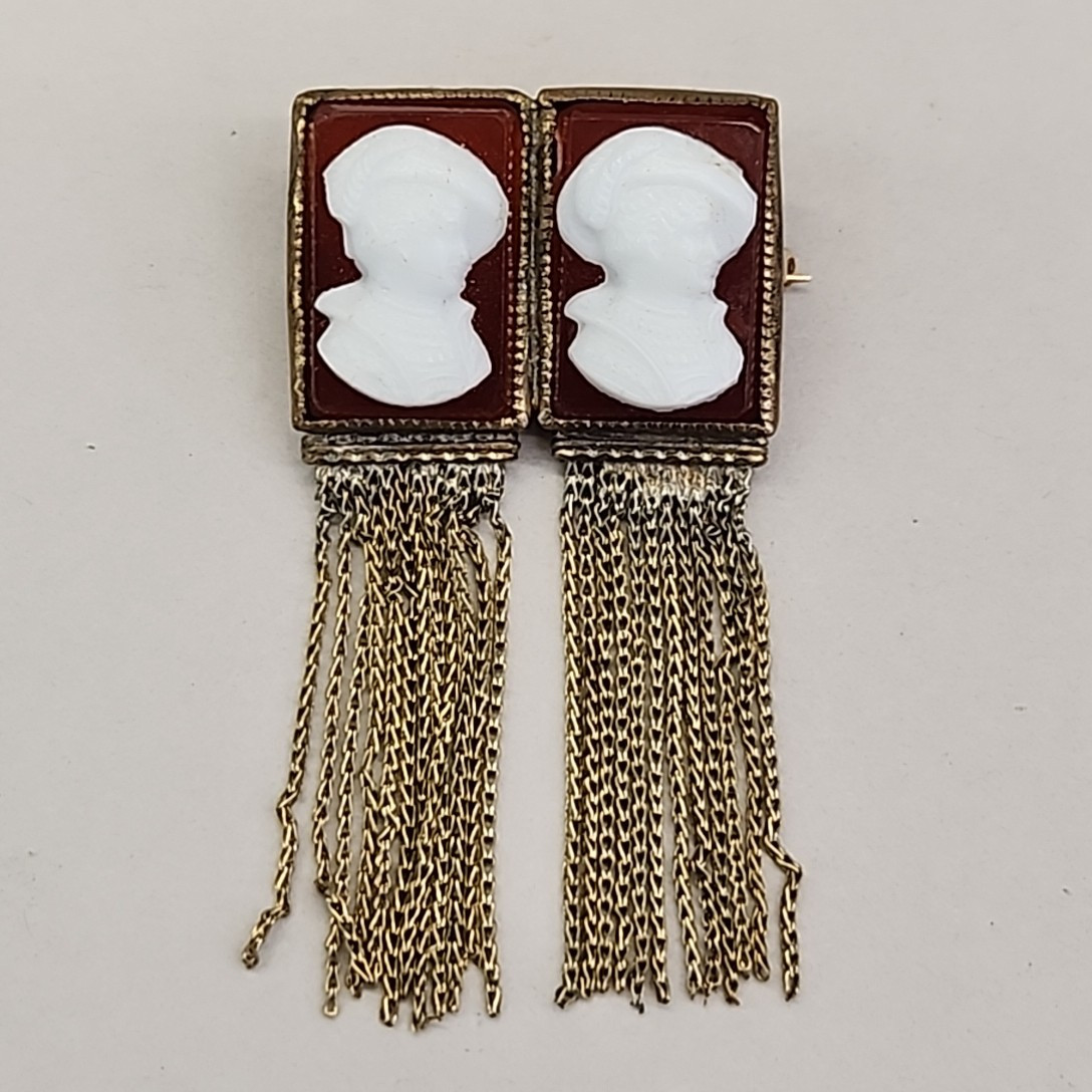 Antique Double Cameo Glass Brooch Red White Face Tassels Gold Filled Unique 2″