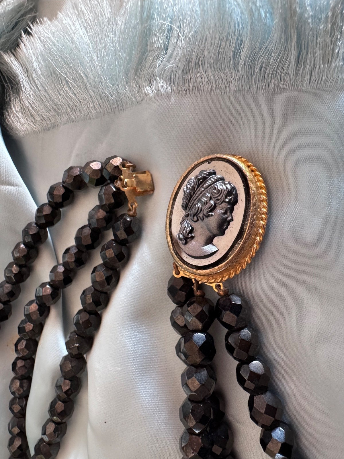 Vintage Necklace THREE STRAND FACETED CRYSTAL BEADS AND HEMATITE OVAL CAMEO 22″
