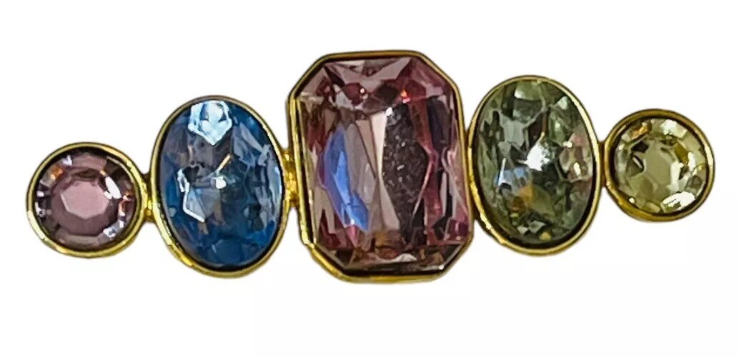 VTG TAT BAR BROOCH ART GLASS HANDMADE SIGNED FACETED STONES GOLD TONE BRILLIANT