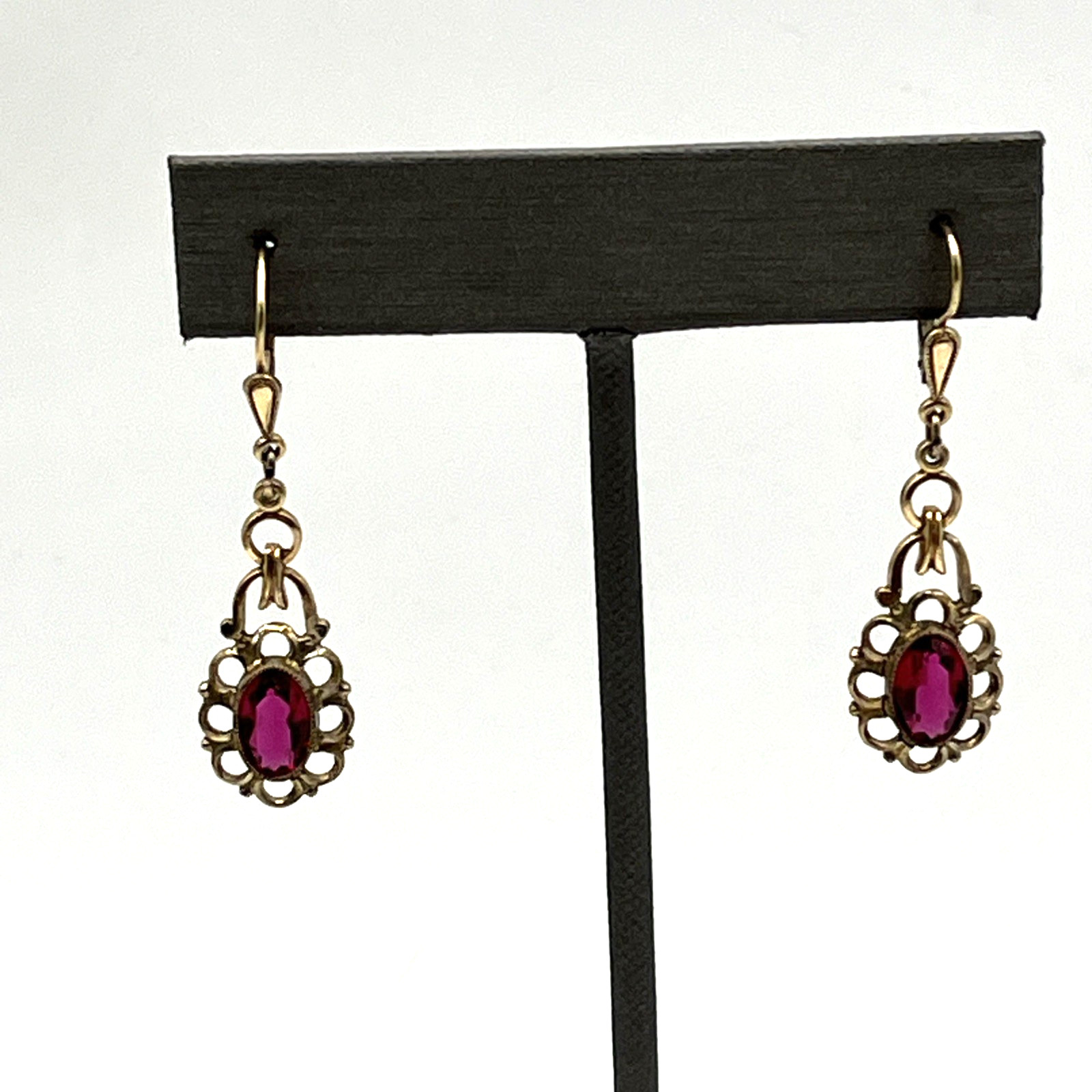 Vintage Art Deco Rolled Gold Red Ruby Simulated Pierced Earrings