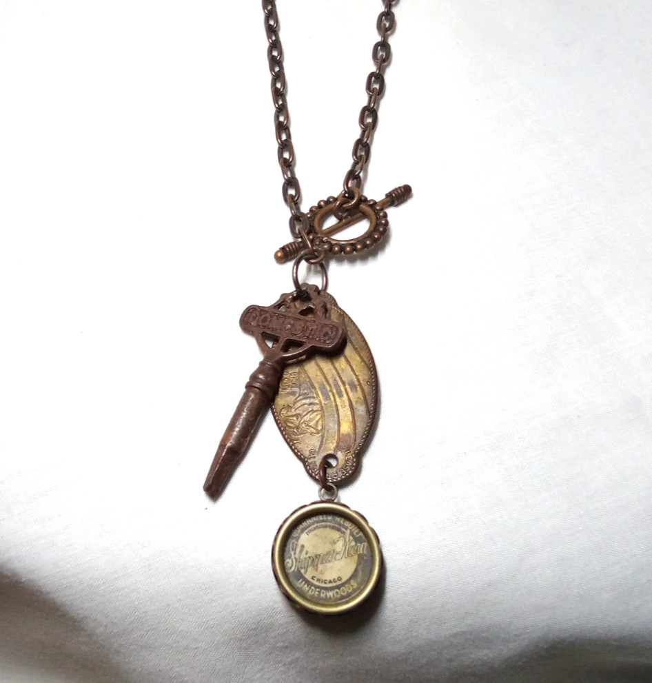 Vintage Typewriter Key Necklace With Antique Dog Tag Salesman’s Key Sewing Key