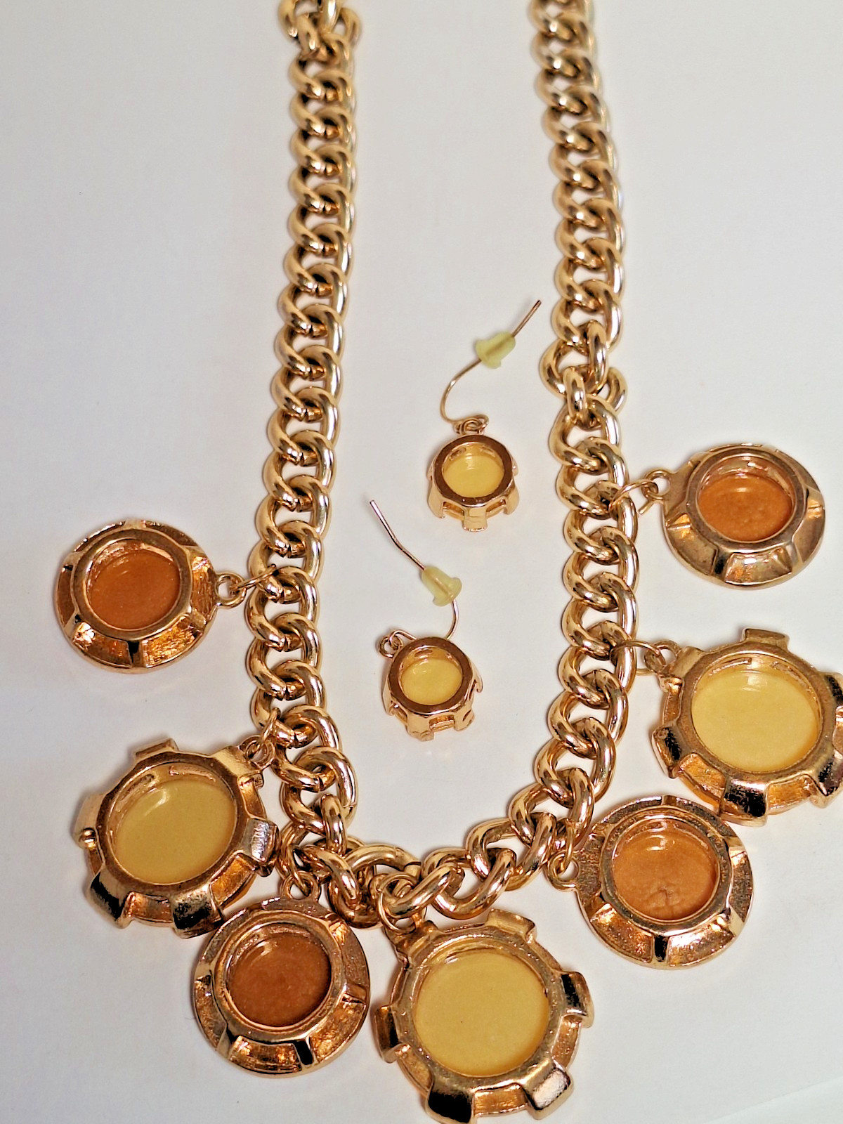 Vintage Yellow Stones & Gold-Toned Chunky Chain Statement Necklace & Earring Set