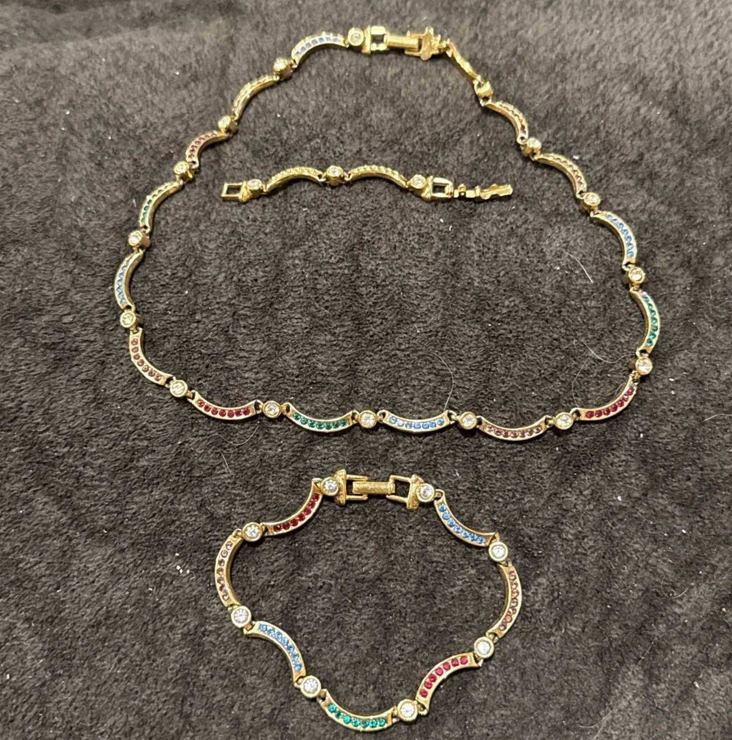 Necklace & Bracelet Multicolor Rhinestone Curved Bar Link Colorful Wave Set