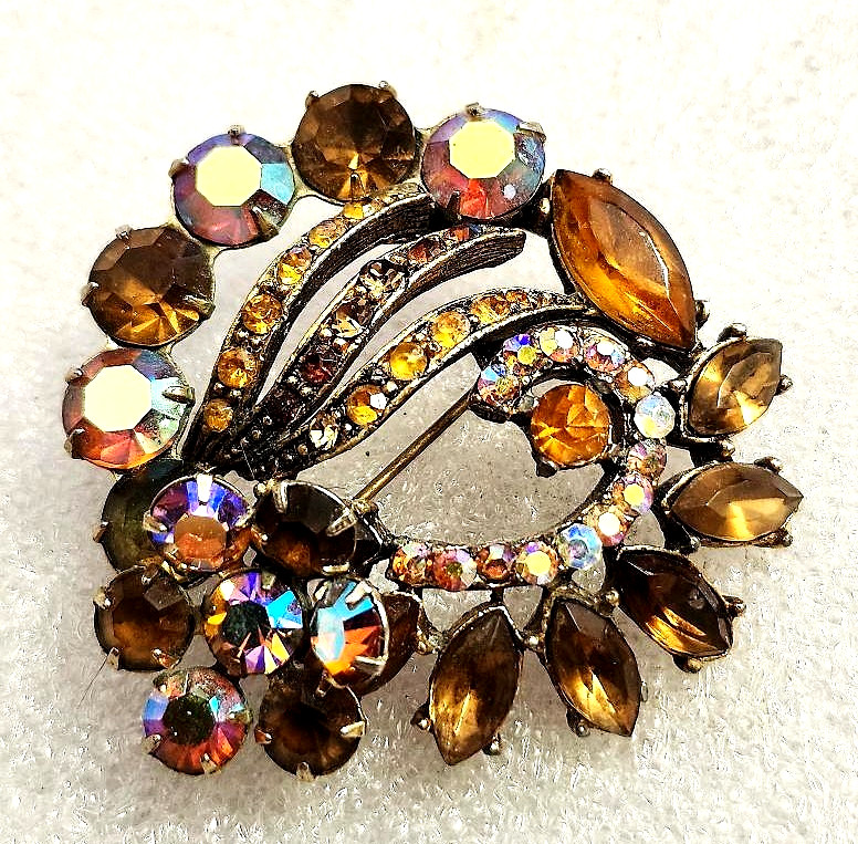 Beautiful Multi Bronze AB Golden Rhinestone Estate Sale Brooch Pin – Vintage