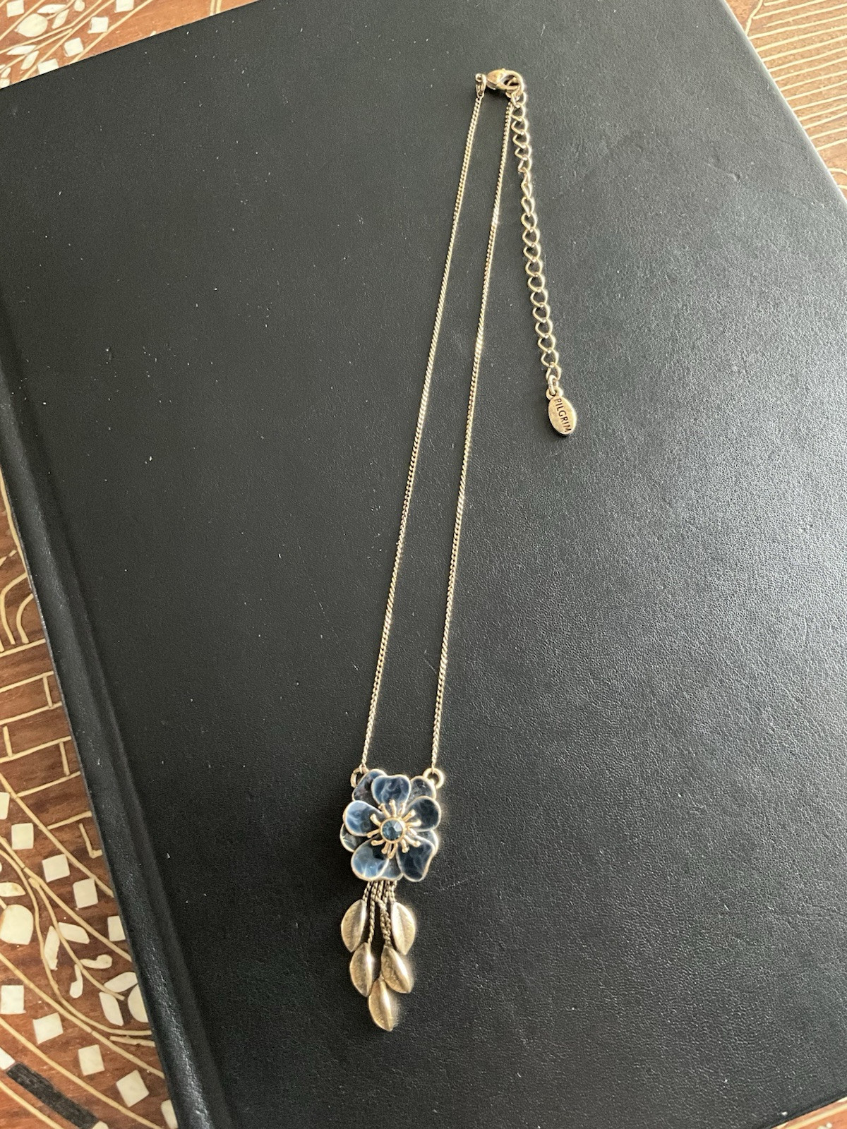 Double Signed Pilgrim Gold Tone Necklace With Blue Enamel Flower Rhinestone Ctr