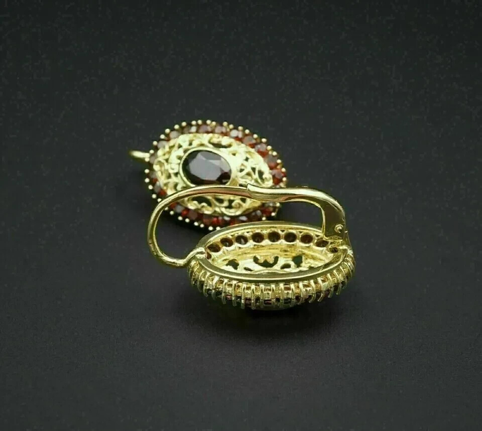 Vintage Style Oval Garnet Lab Created Diamond Wedding 14K Yellow Gold FN Earring