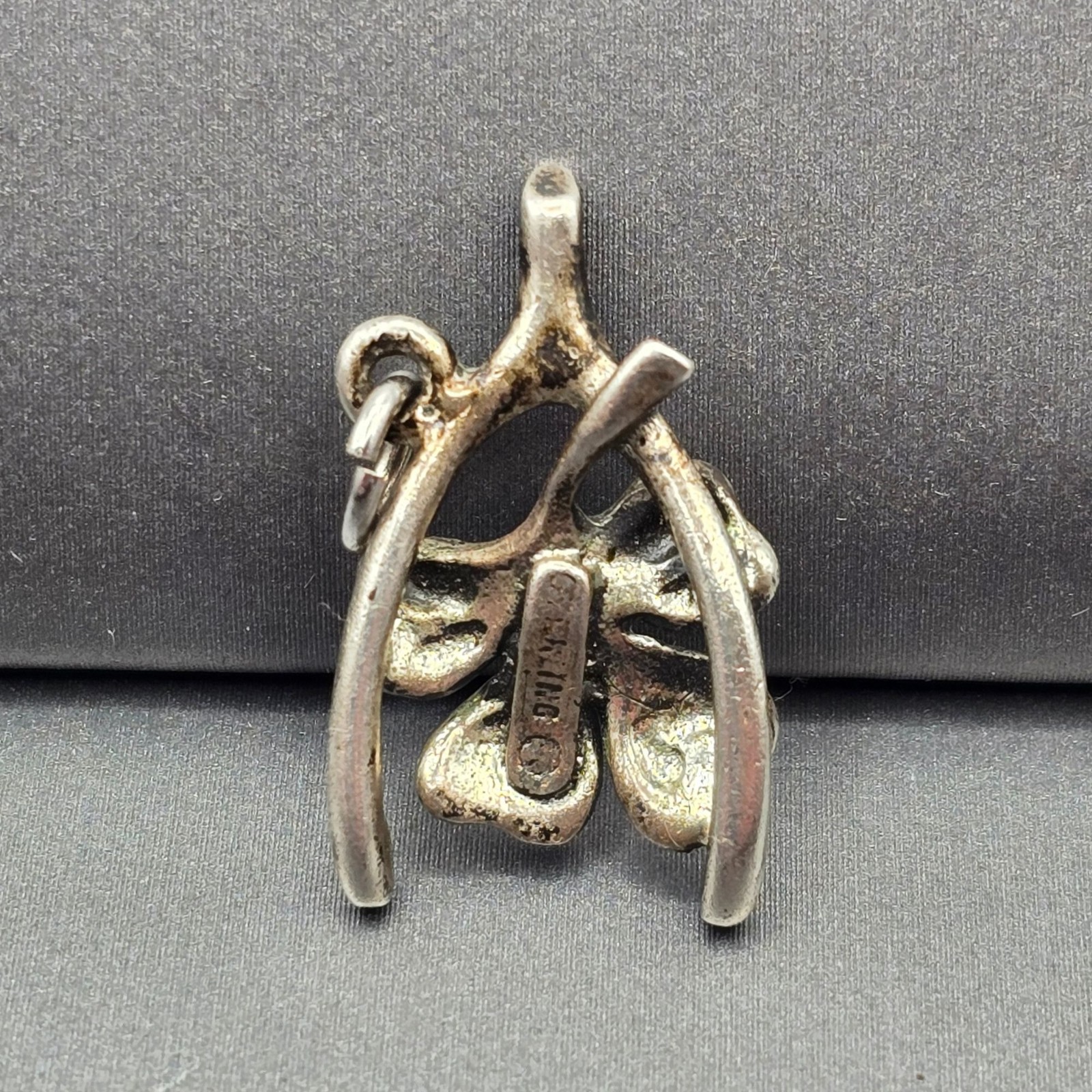 Vintage Sterling Silver Wishbone Clover Pendant Lucky Charm Antique Finish