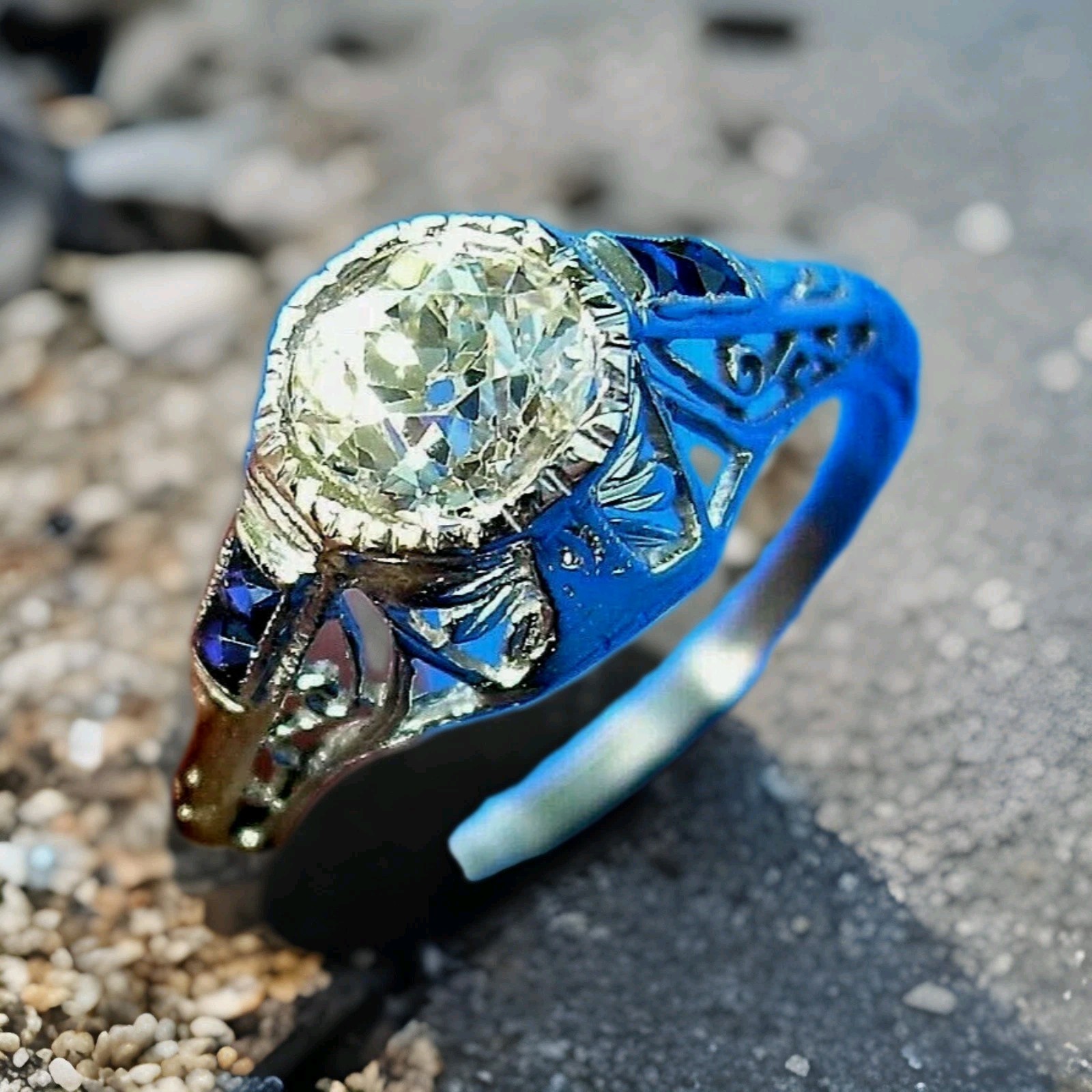 Original EARTH MINED DIAMOND Sapphire Deco Engagement Ring PLATINUM Solitaire 6