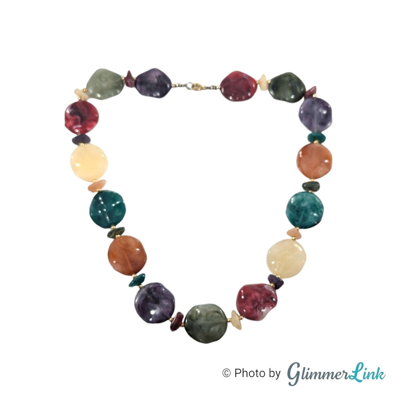 Vintage Multi Color Marbled Plastic Lucite Wavy Disc Chips Beaded Necklace