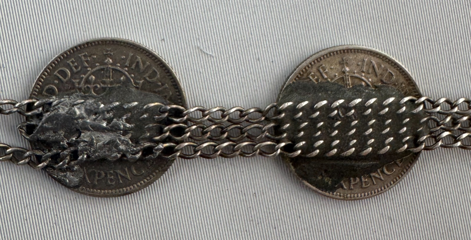 Vintage Coin Bracelet with Five 6 Pence Handmade British 50% Silver Coins