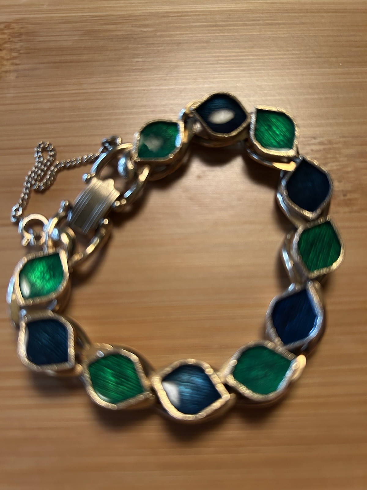 VTG MCM Florenza Link Bracelet & Leaf Brooch Set-Gold Tone, Blue & Green Enamel