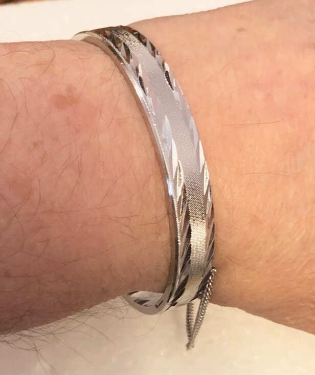 Vintage Etched Stainless Steel With Safety Chain Bangle Cuff Bracelet