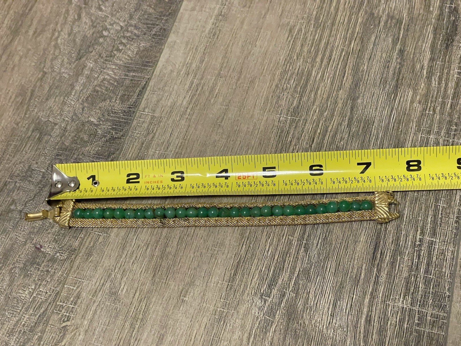 Vintage Gold Tone Woven Mesh Bracelet Green Plastic Beads Wide Bracelet