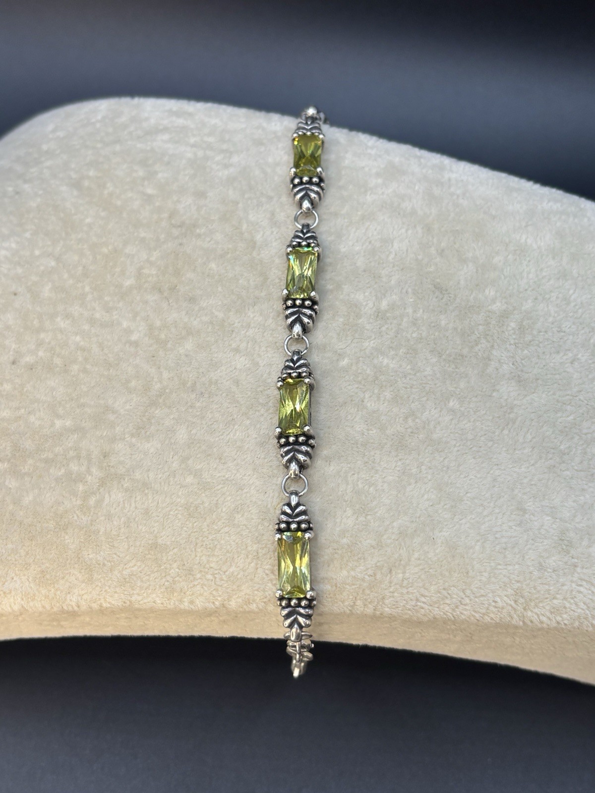 Vintage Sterling Silver 925 Lemon Lime Quartz Crystal Artisan Link Bracelet 6.5″