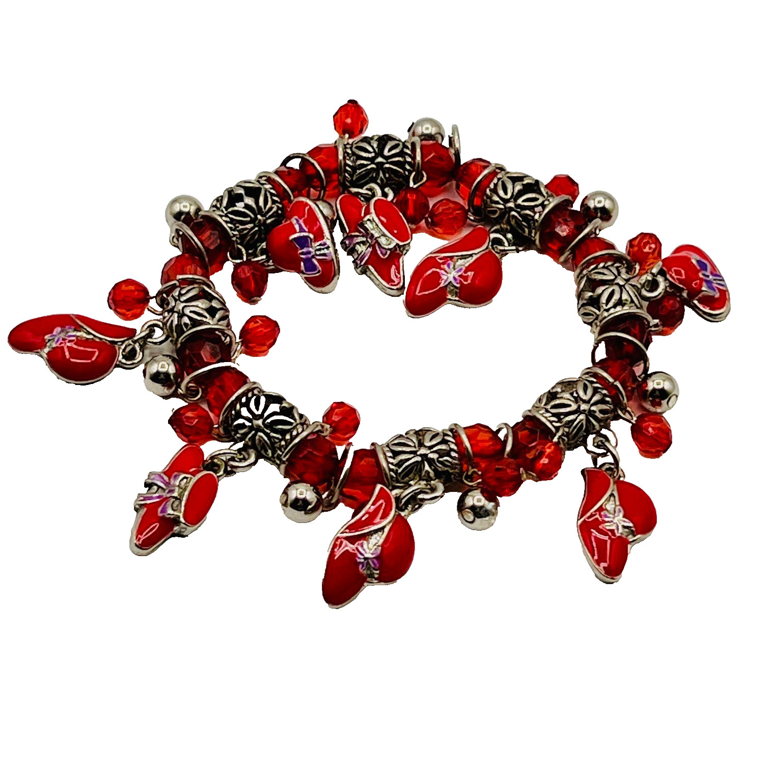 Vintage Dangle Charm Bracelet Red Enamel Hat Charms Filigree Spacer Beads