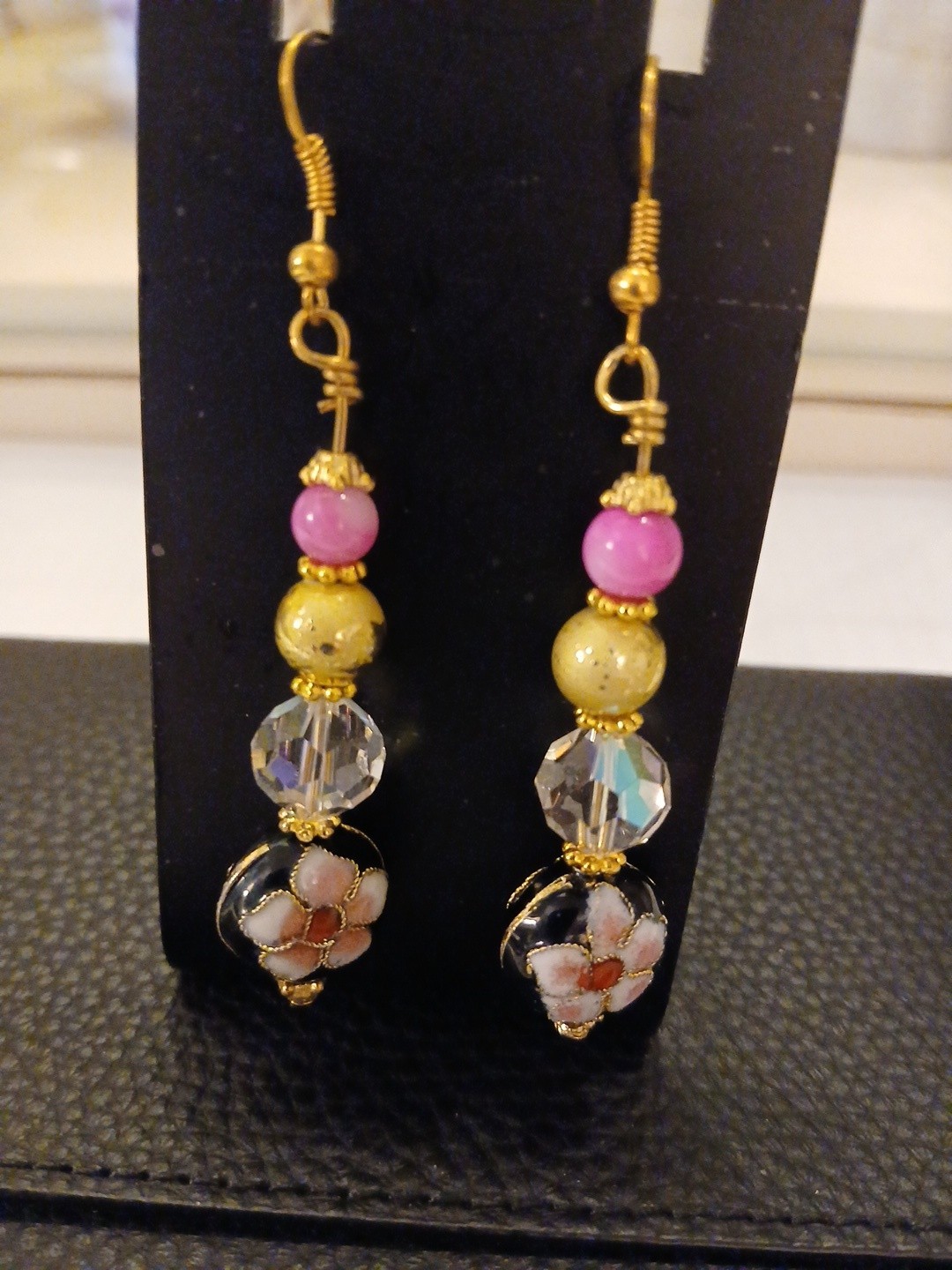 Vtg Cloisonne & AB Crystal Dangle Earring Gold Plated