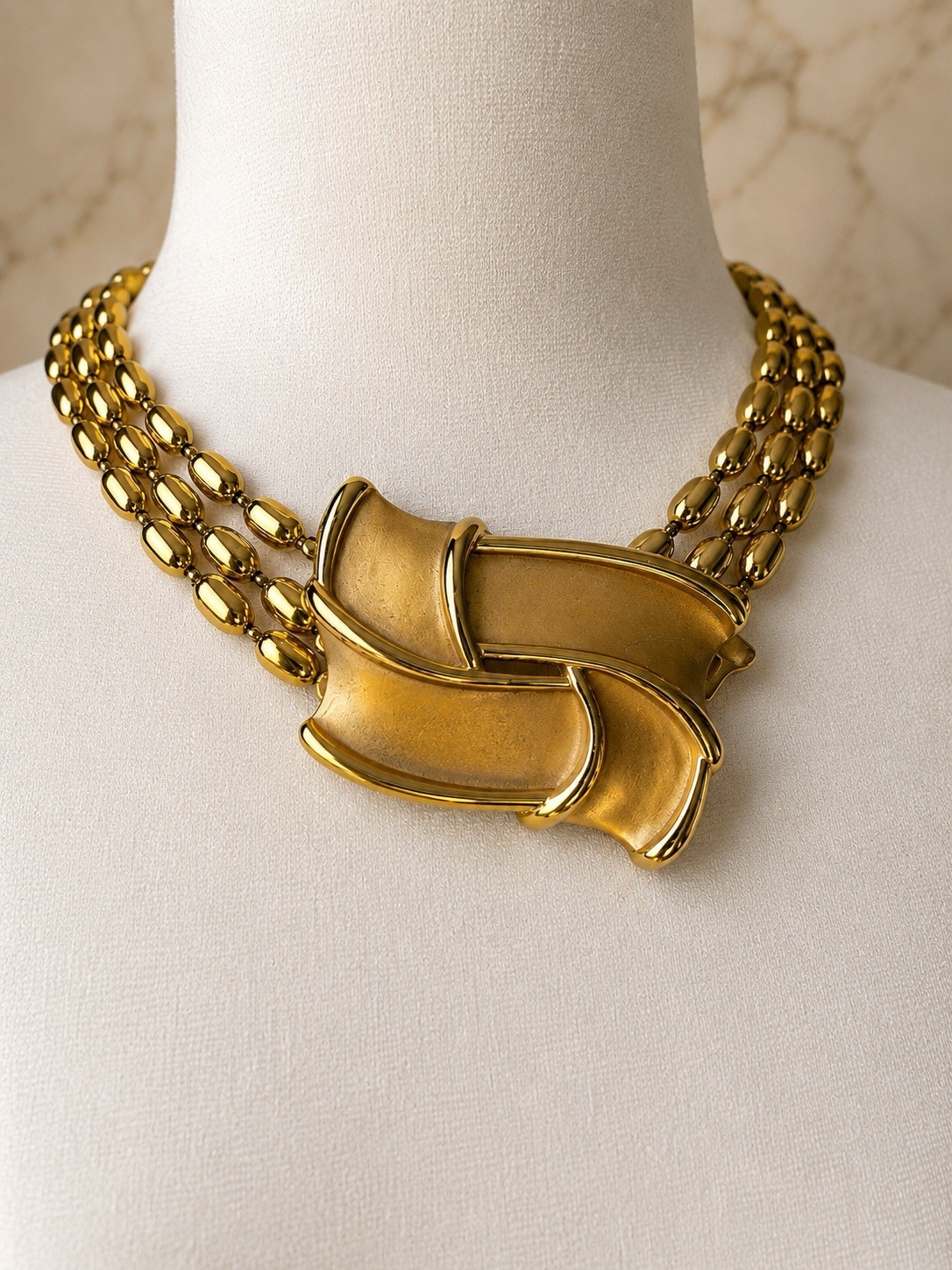 VTG YSL Yves Saint Laurent Gold Tone Statement Necklace Triple Strand Beads