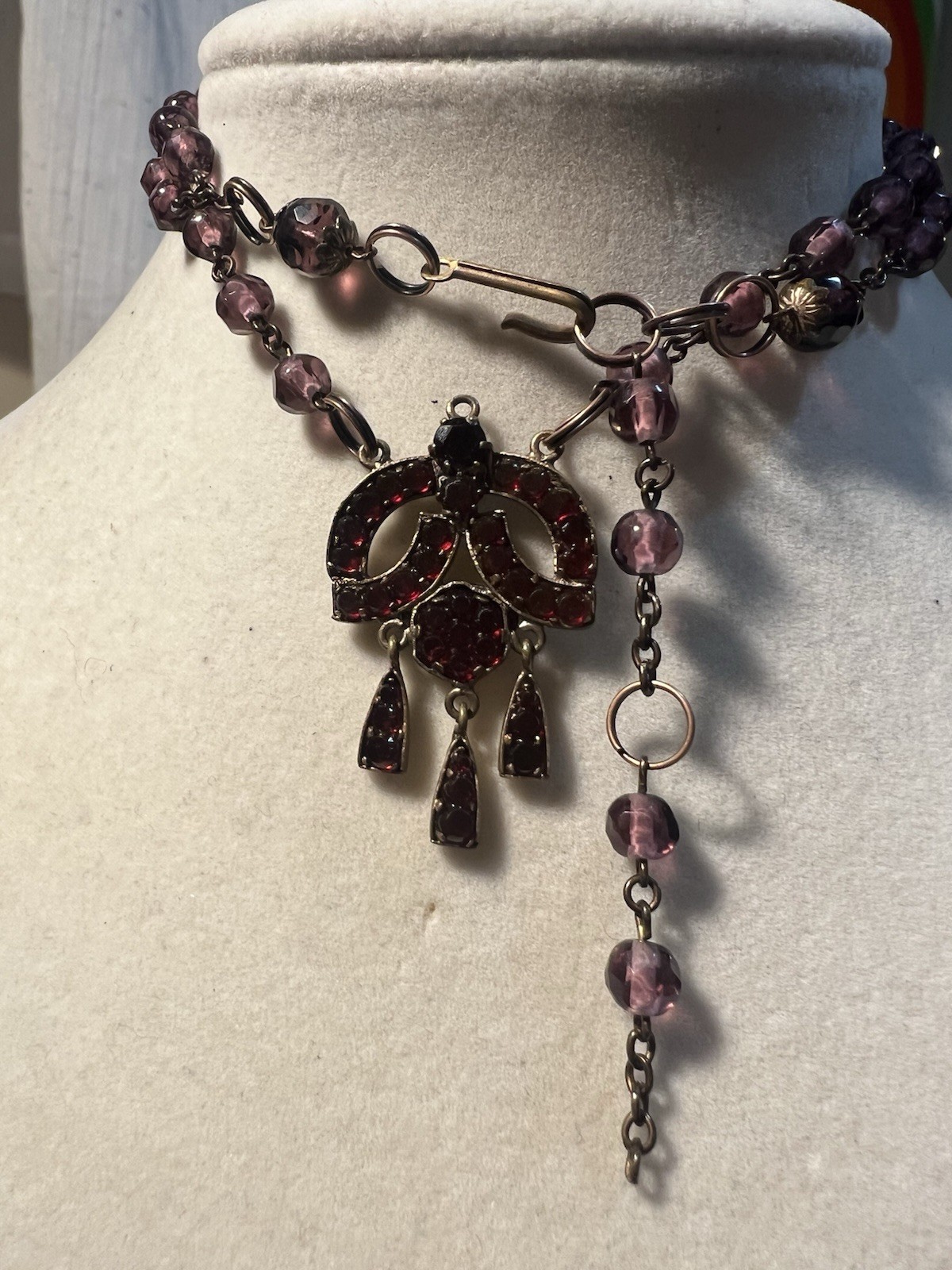 Antique Victorian Bohemian Czech Garnet Amethyst Necklace Signed *AS IS see pics